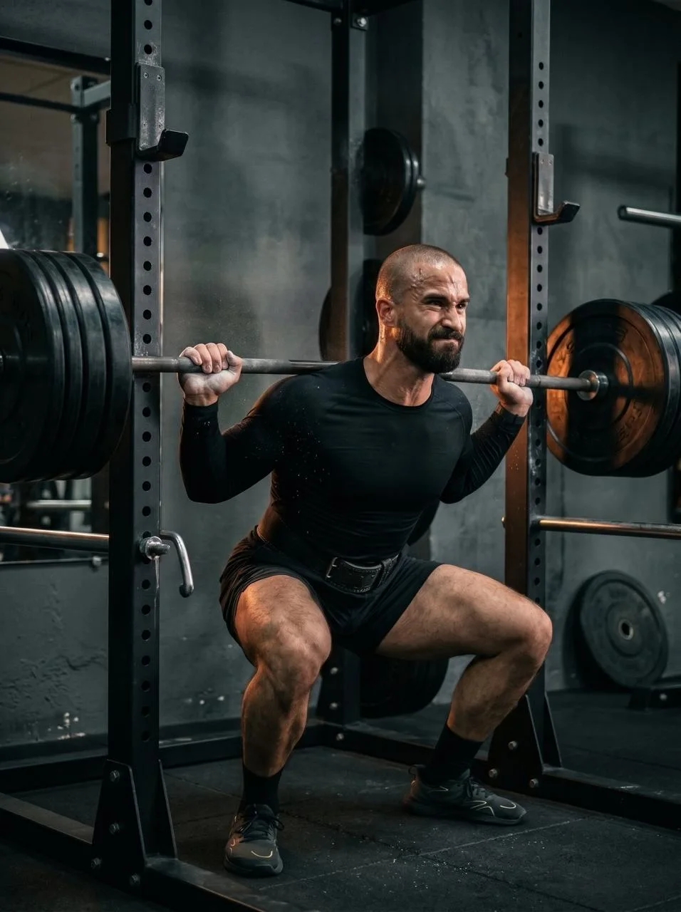 The coach squatting a loaded barbell in a power rack
