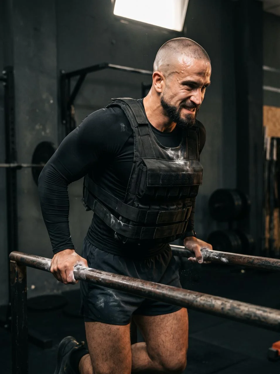 The athlete doing weighted dips in a weight vest