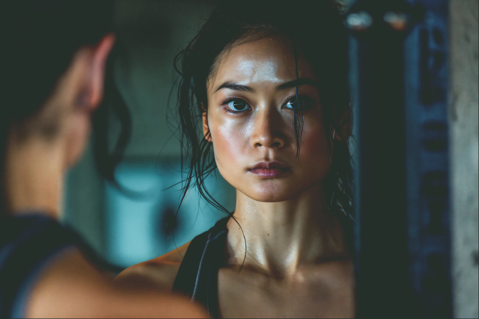 Close-up of an athlete's face mid-session, focused